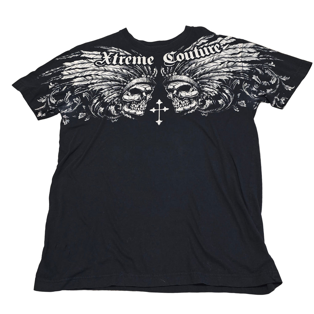 Xtreme Couture Double Skull Wing Graphic T-Shirt Black Size L Made in USA